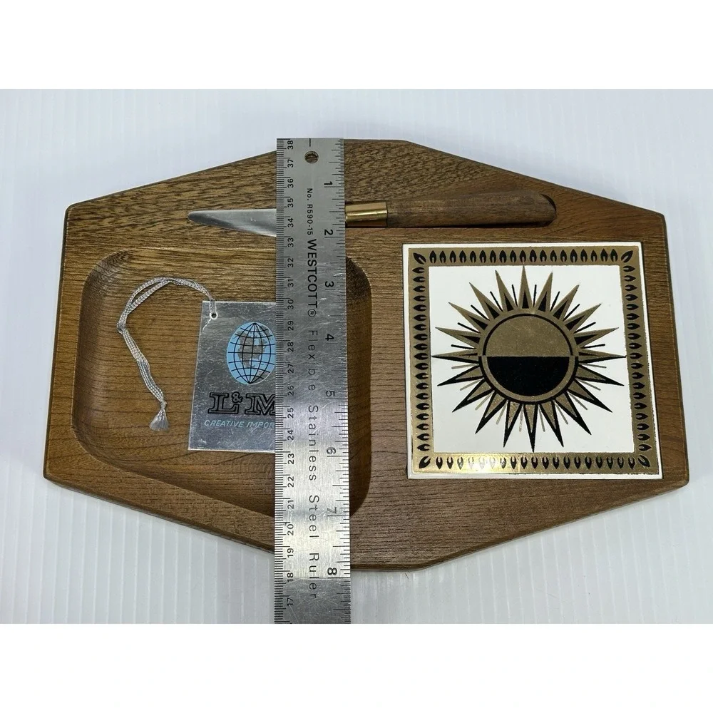Vintage L&M Creative Imports‎ Wood Ceramic Cheese Board Mid Century Design NOS